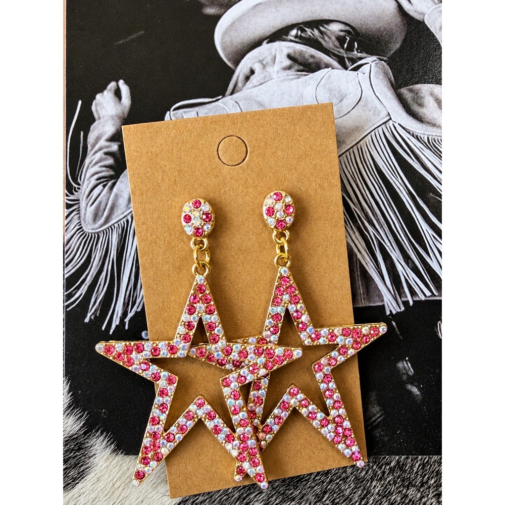 Pink Rhinestone Star Earrings AB Crystal Western Cowgirl Statement Dangle